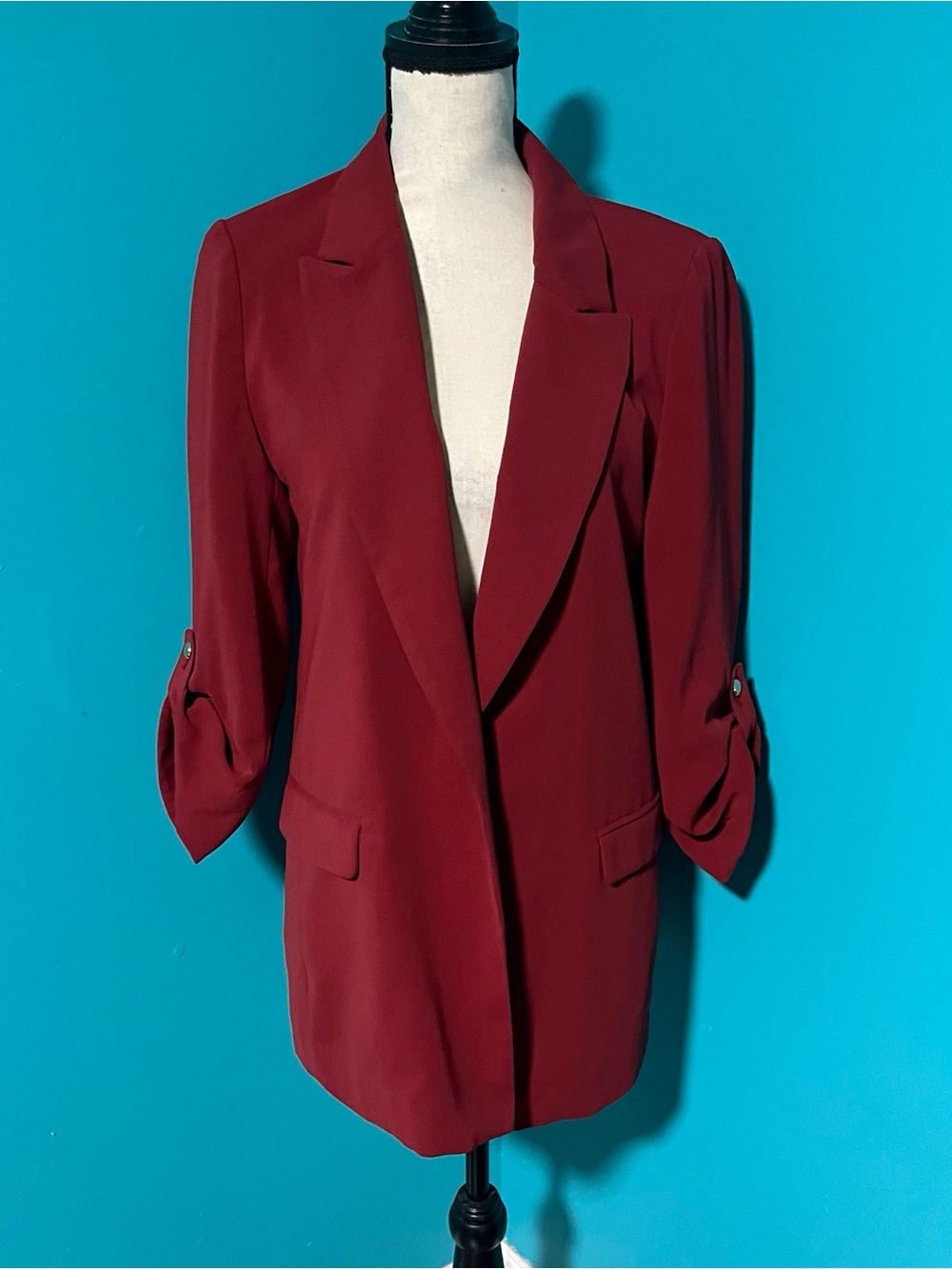 Philosophy M Red Longline 3/4 Ruched Sleeve Open Front Blazer